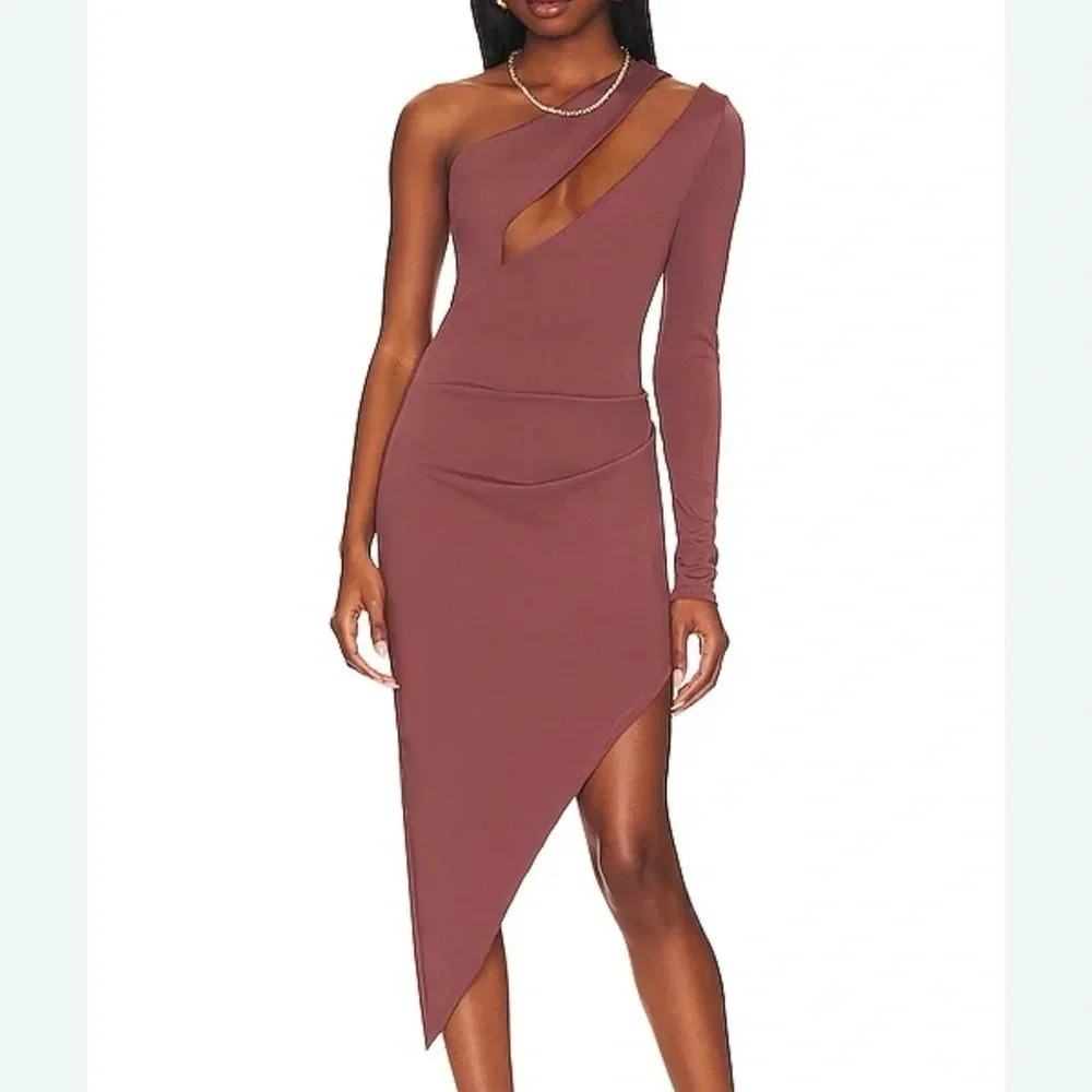 Not Yours To Keep One Shoulder Cutout Asymmetrical Midi Dress Mauve